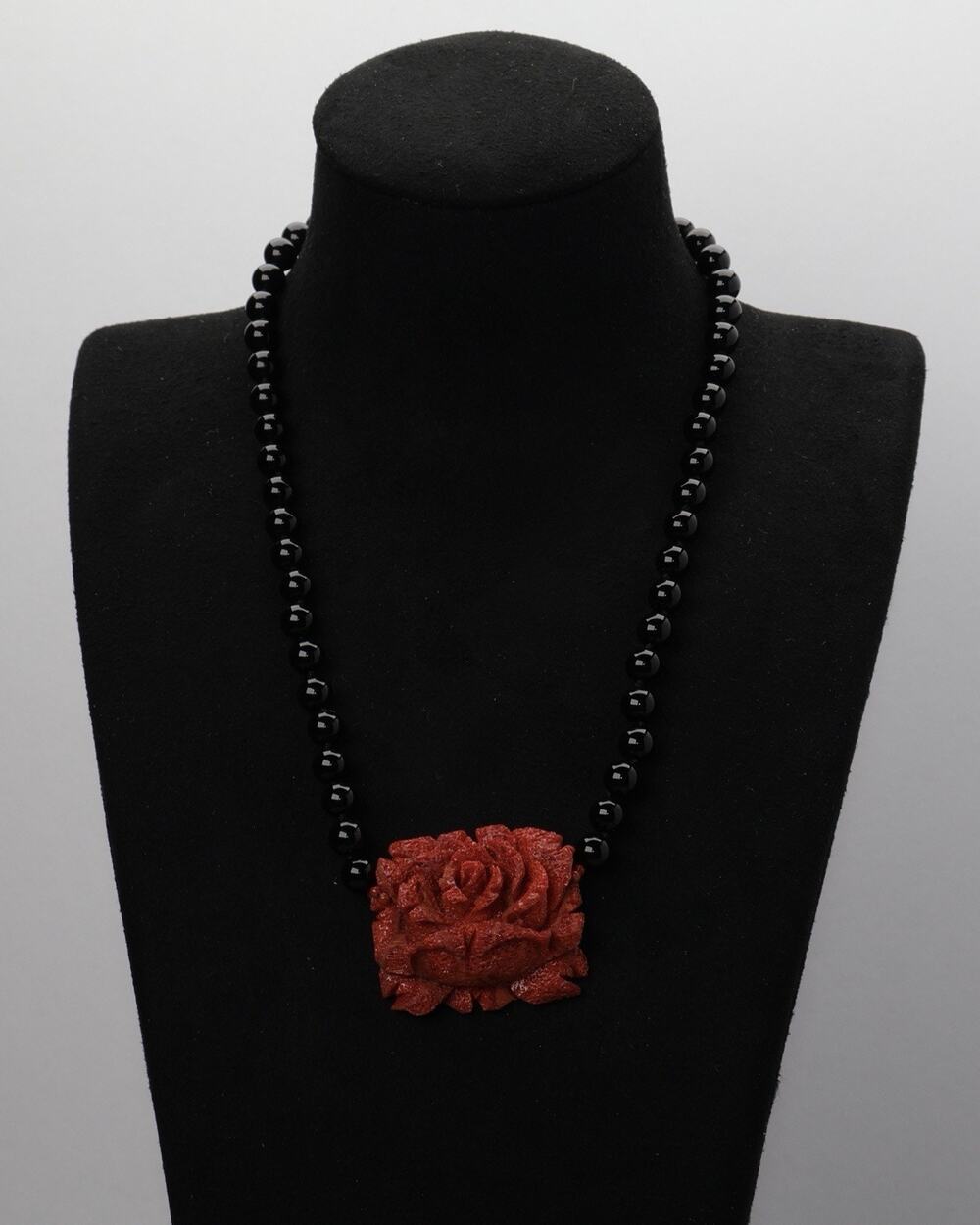 Vintage Sterling Silver Red Coral Rose & Black Beads Onyx Necklace 26.1G / 15in